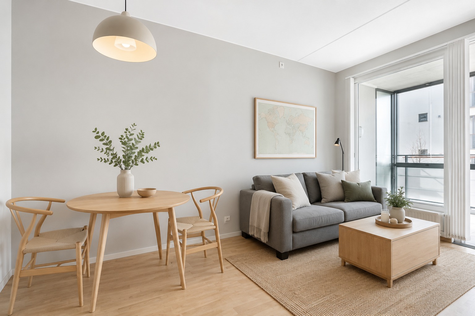 Lys og trivelig stue med plass til både sofa og spisebord.
